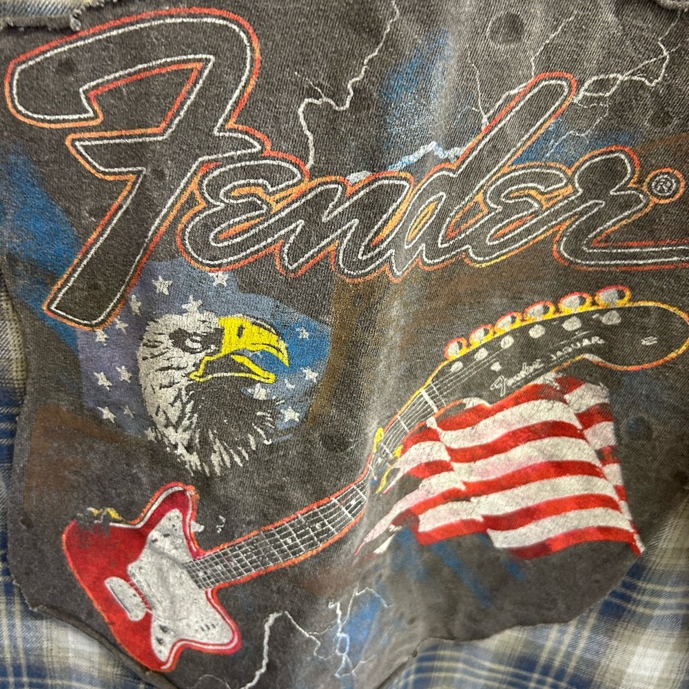 Men’s plaid button up shirt with custom Fender Guitar addition men’s Medium
